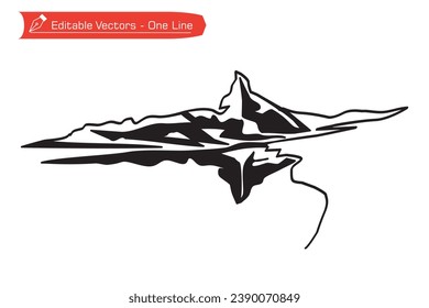 Premium mountains icon silhouette. Black and white of Matterhorn mountain and its shadow over an alpine river. Silhouette Vector illustration of Matterhorn, Zermatt, Swiss Alps, Switzerland.
