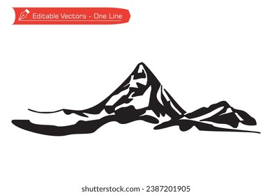 Premium mountains icon. Silhouette of continuous line drawing of majestic Matterhorn mountain. Vector illustration black and white of Matterhorn mountain above Alpine stream, Switzerland - Italy.
