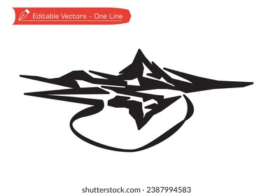 Premium mountains icon. Silhouette of Matterhorn mountain and its shadow over an alpine river. Straight line art of illustration vector of Matterhorn, Zermatt, Swiss Alps, Switzerland.