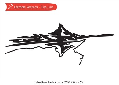 Premium mountains icon. Silhouette of straight line art of Matterhorn mountain and its shadow over an alpine river. Silhouette Vector illustration of Matterhorn, Zermatt, Swiss Alps, Switzerland.