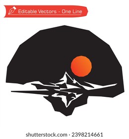 Premium mountains logo. Black and white Matterhorn mountain, its shadow and full sun in semicircular frame. Vector illustration of Matterhorn silhouette. Hiking, camping, camper straight line art icon