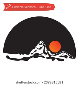 Premium mountains logo. Black and white Matterhorn mountain landmark and full moon in semicircular frame. Vector illustration of high Matterhorn. Hiking, climbing, camping, adventure design iconic.