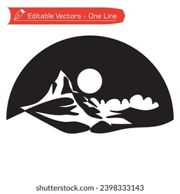 Premium Mountains Logo. Black and white drawing of Matterhorn mountain in semicircular frame. 
Vector illustration of Matterhorn mountain, clouds and full moon. Holidays icon.