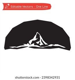 Premium mountains logo. Black and white drawing of majestic Matterhorn mountain in semicircular frame. Vector illustration of high Matterhorn mountain. Adventure, expediton, climbing iconic