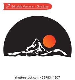 Premium mountains logo. Black and white drawing of majestic Matterhorn mountain and full moon in semicircular frame. Vector illustration of Matterhorn mountain. Adventure, expediton, climbing iconic.