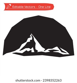 Premium mountains logo. Black and white drawing of majestic Matterhorn mountain straight line art. Vector illustration of matterhorn mountain. Adventure, expediton, hiking, climbing, holiday iconic.
