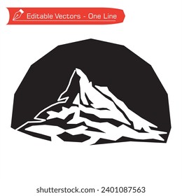 Premium Mountains Logo. Black and white drawing of Matterhorn mountains in semicircular frame. Vector illustration of Swiss Matterhorn Alps straight continuous line art. Climbing and hiking iconic. 