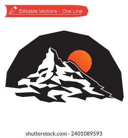 Premium Mountains Logo. Black and white drawing of Matterhorn or Fujiyama mountains in semicircular frame. Vector illustration of Matterhorn - Fujiyama straight line art. Holiday concept iconic.