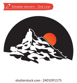 Premium Mountains Logo. Black and white line art drawing of Matterhorn mountains and full moon in semicircular frame. Vector illustration of Swiss Matterhorn Alps landmark. Holiday concept iconic. 