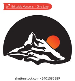 Premium Mountains Logo. Black and white drawing of Matterhorn mountains in semicircular frame. Vector illustration of Swiss Matterhorn Alps and full moon. Holiday iconic isolated background.