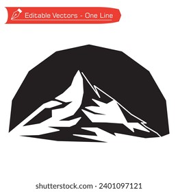 Premium Mountains Logo. Schwarz-Weiß-Zeichnung der Matterhorn- oder Fujiyama-Berge im Kreisrahmen. Vektorgrafik von Matterhorn - Fujiyama Alpen gerade Linie Kunst. Urlaubskonzept. 