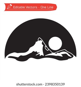 Premium-Berglogo. Vollmond Schwarz-Weiß Zeichnung des majestätischen Matterhorn Berges einzeln. Vektorgrafik des Matterhorn Berges für Abenteuer, Expedition, Klettern ikonisch.