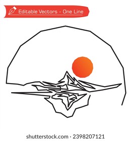 Premium-Berglogo. Eine durchgehende, gerade Linie Kunst des Matterhorn Berges, dessen Schatten und volle Sonne in halbkreisförmigem Rahmen. 
Vektorgrafik von Matterhorn extremen Berg. Klettern, zelten.