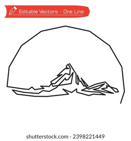 Premium mountains logo. One continuous line drawing of Matterhorn mountain in semicircular frame. Vector illustration of Matterhorn mountain straight line art. Extreme adventure and expedition icon. 