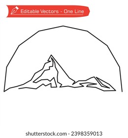 Premium mountains logo. One continuous line drawing of majestic Matterhorn mountain in semicircular frame. Vector illustration of Matterhorn mountain above Alpine stream. Hiking, climbing icon.