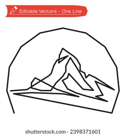 Premium mountains logo. One continuous straight line art drawing of Matterhorn Alps mountain. Vector illustration of Matterhorn alpine mountain. Hiking, climbing, adventure, expedition extreme icon.
