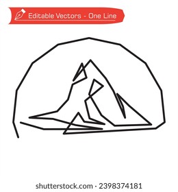 Premium mountains logo. One continuous straight line art drawing of Matterhorn Alps mountain range. Vector illustration of Matterhorn alpine mountain. Hiking, climbing, adventure icon.
