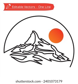 Premium Mountains Logo. One continuous line art of Matterhorn mountains and sun in semicircular frame. Vector illustration of Matterhorn Alps design landscape. Extreme expedition. 