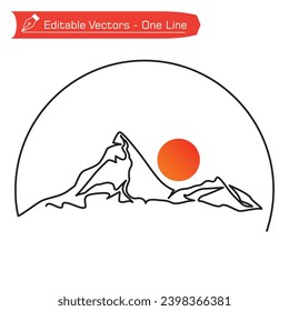 Premium mountains logo. One line drawing of Matterhorn mountains and full sun in semicircular frame. Vector illustration of Matterhorn mountain. Hiking, climbing, adveture extreme iconic.