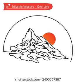 Premium Mountains Logo. One line drawing of Matterhorn mountain and full sun in semicircular frame. Vector illustration of Matterhorn Alps design. 