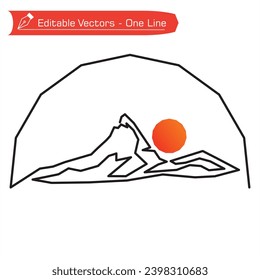 Premium mountains logo. One straight line art drawing of Matterhorn mountain in semicircular frame. Vector illustration of Matterhorn mountain. Extreme icon adventure, expedition, hiking, climbing.