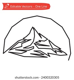 Premium Mountains Logo. One straight line art of Matterhorn mountains in semicircular frame. Swiss Alps, Valais, Switzerland. Vector illustration of Swiss Matterhorn Alps design. Extreme expedition. 