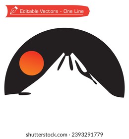 Premium mountains logo. Silhouette of simple line drawing mountain range landscape white semicircle frame and orange ful sun. vector illustration of adventure winter sports concept. Camper icon eps.