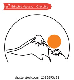 Logo de las montañas premium. Sencillo trazado de líneas de montañas bajo un sol naranja. Paisaje montañoso abstracto con marco semicircular.  Ilustración vectorial de las montañas para icono, logotipo, símbolo.