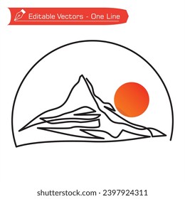 Premium Mountains Logo. Simple line art drawing of Matterhorn mountain and full sun in semicircular frame. Vector illustration of Matterhorn mountain above an Alpine stream.  Extreme mountain iconic.