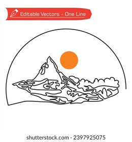 Premium Mountains Logo. Simple line art drawing of foggy Matterhorn mountain and full sun in semicircular frame. Vector illustration of Matterhorn mountain - Alpine stream - Extreme mountain iconic.