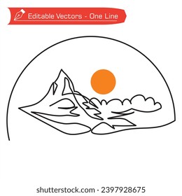 Premium Mountains Logo. Einfache Kunstzeichnung des Matterhorn Berges, volle Sonne, Nebel im halbrunden Rahmen. Vektorgrafik des Matterhorns, Campingplatz, Wandersymbol. Feiertagsimbol.
