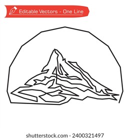 Premium Mountains Logo. Simple straight line art design of Matterhorn mountains drawn in semicircular frame. Swiss Alps, Switzerland. Vector illustration of Swiss Matterhorn Alps. Extreme expedition. 