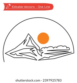 Premium Mountains Logo. Single line art drawing of remote Matterhorn mountain in semicircular frame. Vector illustration of Matterhorn mountain and full sun - Alpine stream - Extreme mountain logo.