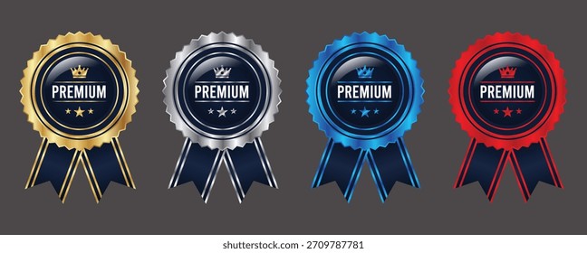 Conjunto de insignias de premio multicolor de Premium en oro, plata, azul y rojo con diseño de corona brillante y Vector de decoración de cinta