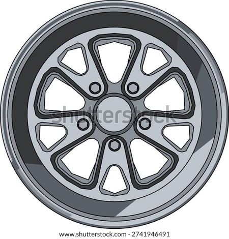 Premium multi-spoke alloy rim vector with detailed brake rotor visibility. Ideal for automotive marketing visuals, detailing promotions, and modification-themed graphics.