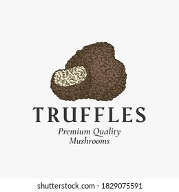 Premium Mushrooms Abstract Sign, Symbol or Logo Template. Hand Drawn Colorful Truffles with Typography. Edible Plant Vector Emblem Concept. Isolated.