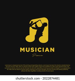Premium music logo design template. Saxophone player isolated on black background