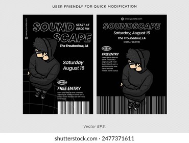 Premium Music showcase Anime comic style soundscape flyer poster vector brutalism y2k