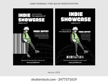 Premium Music showcase Anime comic style indie showcase green black flyer poster vector brutalism y2k