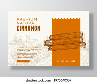 Premium Natural Cinnamon Label Template. Abstract Vector Packaging Design Layout. Modern Typography Banner with Hand Drawn Spice Sticks and Rural Landscape Background. Isolated.