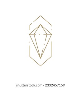 Premium natural gem brilliant carat jewelry attire in geometric decorative golden frame line art icon vector illustration. Luxury gemstone diamond spiritual magic meditative expensive symbol