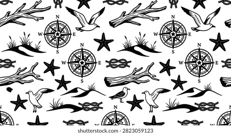 Premium nautical seamless pattern with driftwood, seagulls, compass rose, starfish, sand dunes, and rope knots. Black and white vector style marine ocean themed wallpaper design.