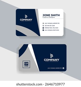 Premium Navy Blue Business Card Template with QR Code and Geometric Design