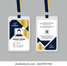 Premium Navy Blue and Gold ID Card Template with QR Code for Corporate Employees and Staff Identity