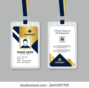 Premium Navy Blue and Gold ID Card Template with QR Code for Corporate Employees and Staff Identity