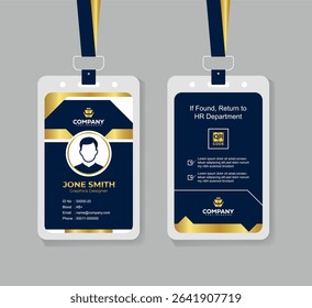 Premium Navy Blue and Gold ID Card Template with QR Code for Corporate Employees and Staff Identity