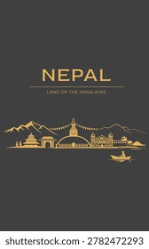 Premium Nepal travel poster vector featuring Himalayan mountains and cultural landmarks in a sophisticated luxury composition. Ideal for hospitality branding, travel campaigns, wall art, brochures, and premium destination marketing.