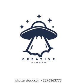 Premium night flying UFO logo design. space ship vector illustration