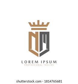 Premium NM Monogram of Two letters N&M. Elegant gold shield initials and crown geometric old retro graphic logo design. alphabet vector elements stock illustration.