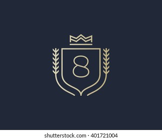 Premium number 8 ornate logotype. Elegant numeral crest logo icon vector design. Luxury figure shield crown sign. Concept for print or t-shirt design.